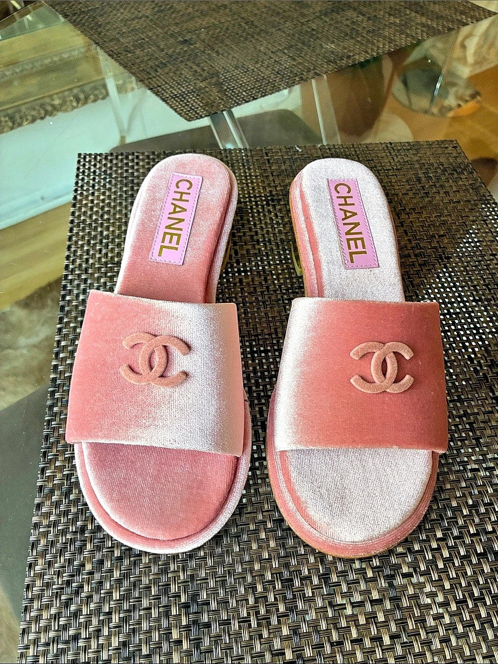 Chanel Pink & Gold Velvet Slide Sandals EU 38